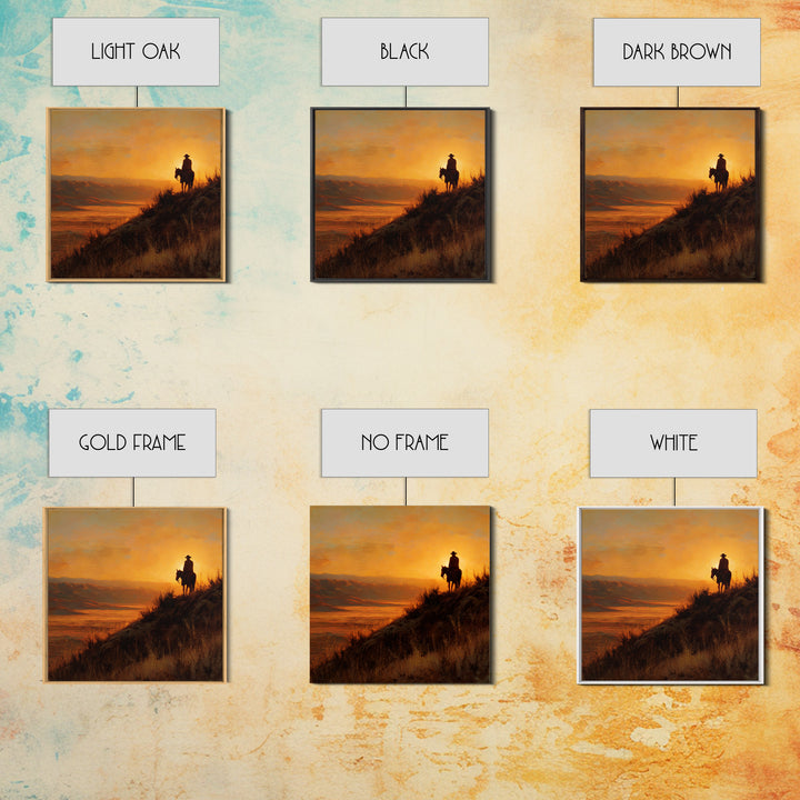 Western Cowboy Sunset Hill Painting Wall Art, Rustic Horse Rider Canvas Print, Warm Desert Landscape Home Decor