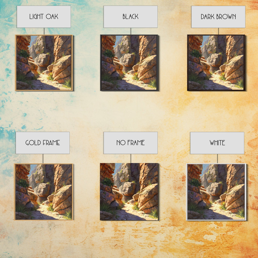 Sunlit Desert Canyon Trail Landscape Wall Art, Warm Southwest Rocks And Sage Green Nature Canvas Print