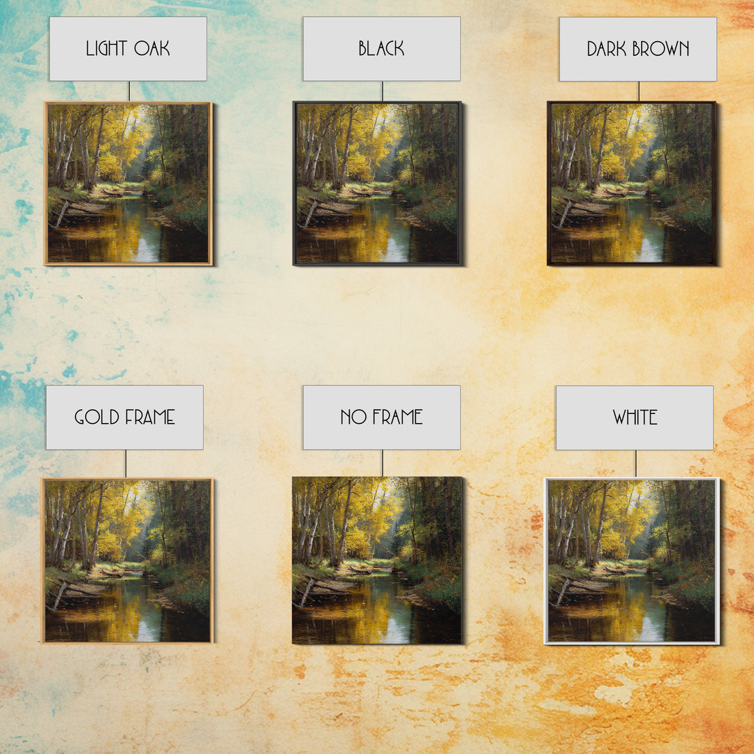 Golden Forest Creek Wall Art, Autumn Landscape Canvas Print, Rustic Nature Painting For Cozy Living Room Decor
