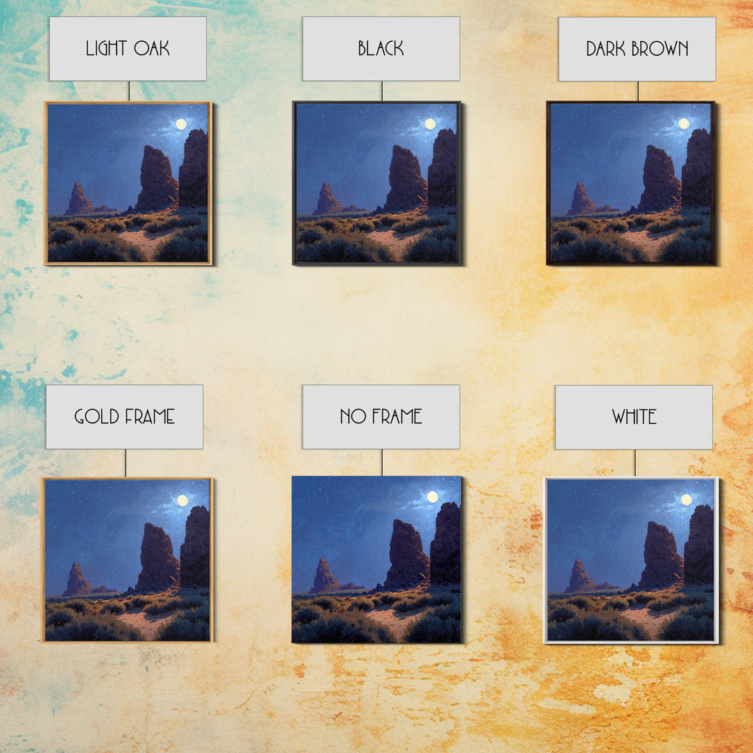 Moonlit Desert Rocks Wall Art, Night Sky Landscape Painting, Southwestern Stars Print, Calming Rustic Home Decor Canvas Print