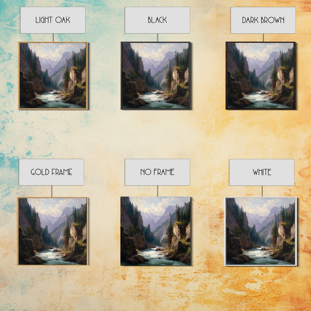Majestic Mountain River Landscape Oil Painting Wall Art, Large Nature Canvas Print, Rustic Cabin And Living Room Decor