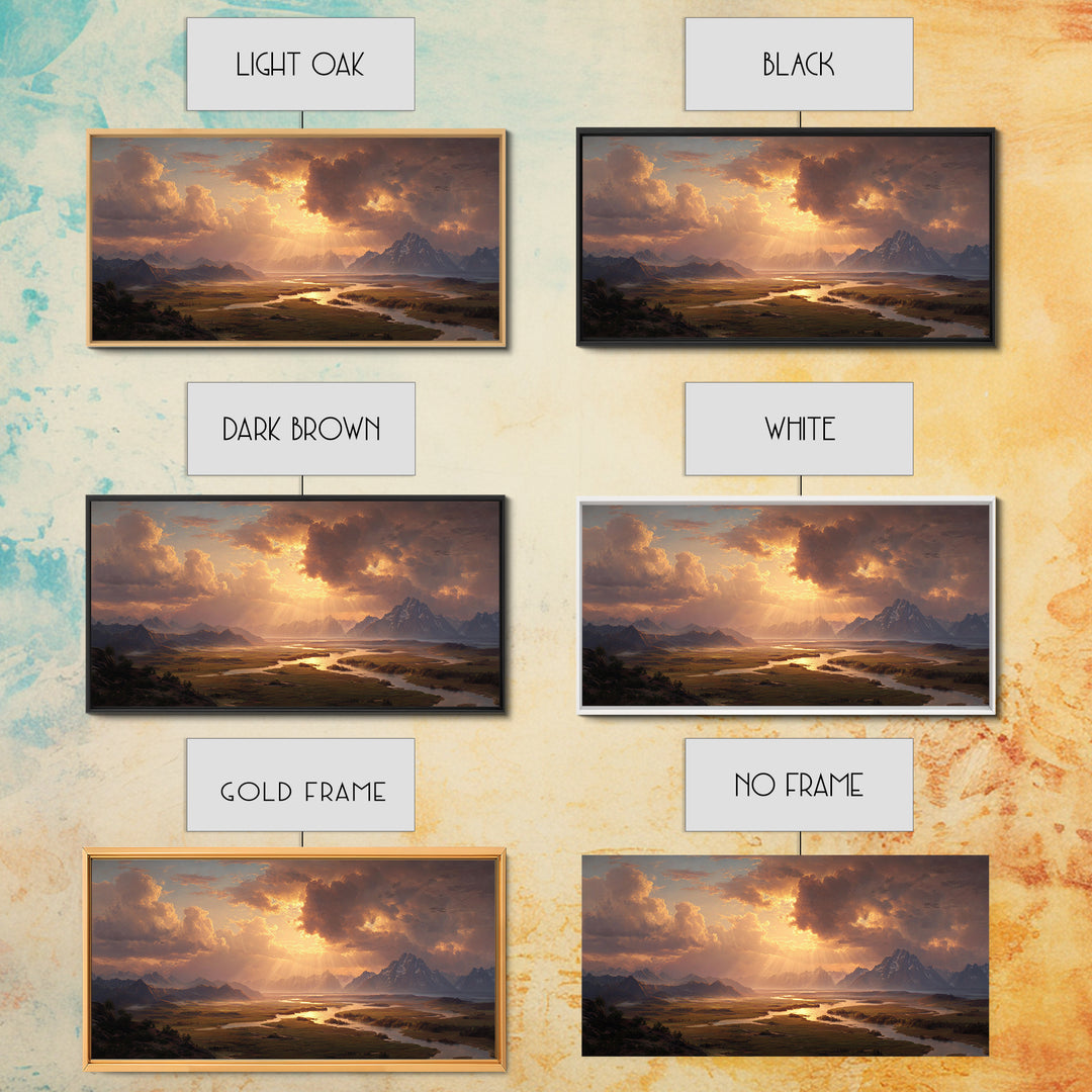Sunset Mountain River Landscape Wall Art With Warm Golden Light Rays Illuminating Nature For Rustic Home Decor And Large Canvas Print