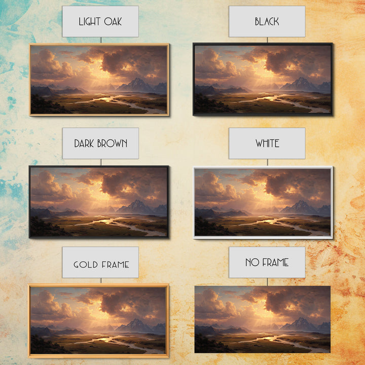 Sunset Mountain River Landscape Wall Art With Warm Golden Light Rays Illuminating Nature For Rustic Home Decor And Large Canvas Print