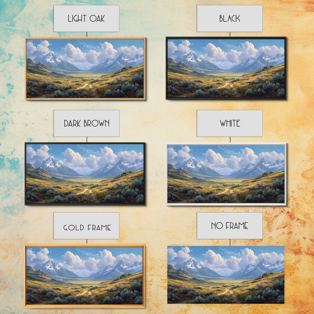 Stunning Realistic Mountain Landscape Painting Canvas Print Featuring Wildflowers And Blue Sky Large Wall Art For Living Room Decor