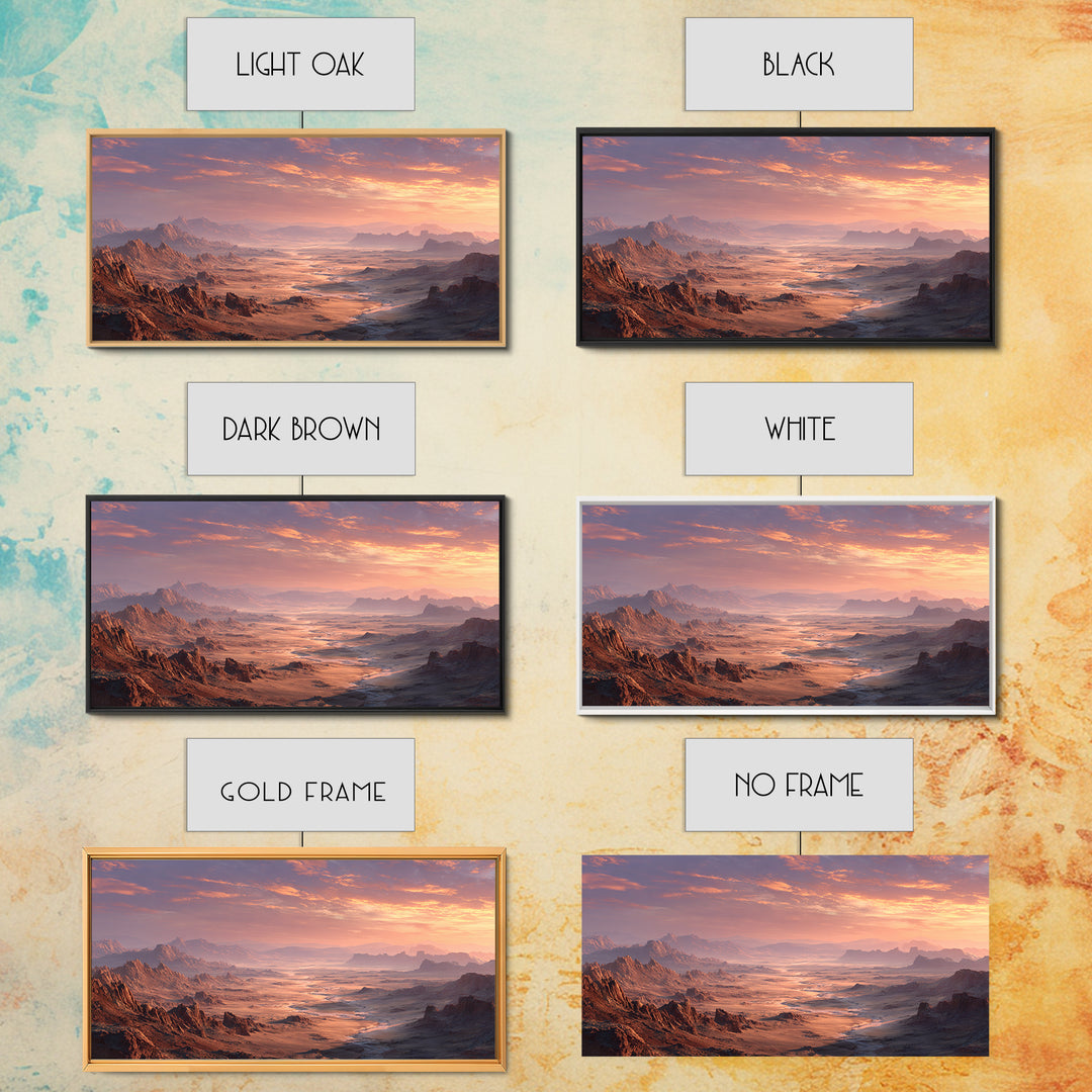 Expansive Desert Canyon Landscape With Warm Sunset Glow Moody Wall Art Framed Canvas Print Suitable For Living Room Decor