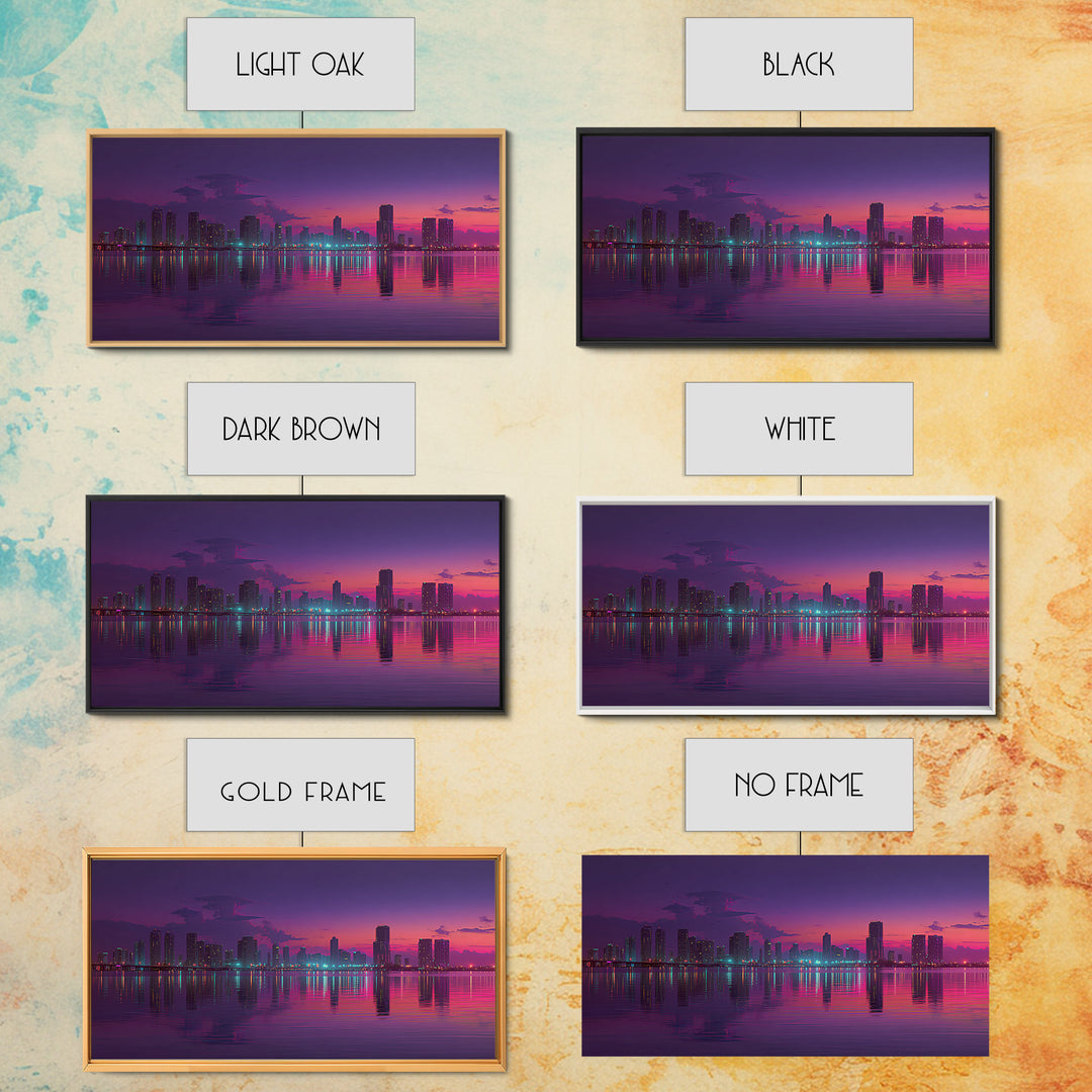 City Skyline At Dusk Stunning Sunset Colors Reflecting On Water Large Wall Art Framed Canvas Print Home Decor