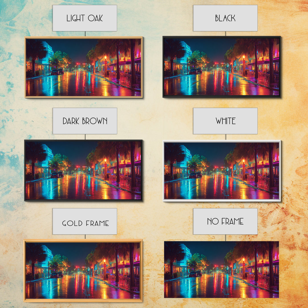 Colorful Night City Street With Neon Lights And Reflections On Wet Pavement Modern Wall Art Print Canvas
