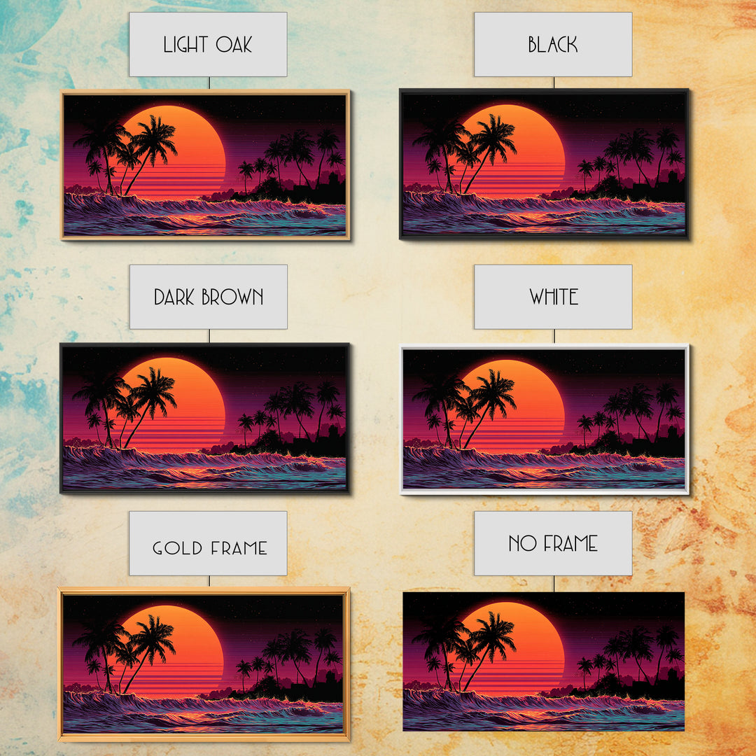 Retro Sunset Palm Trees Digital Art Canvas Print Wall Art Living Room Decor Tropical Beach Scene Large Framed Canvas Print Home Decor