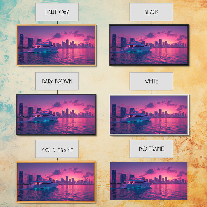 Luxury Yacht Sailing At Vibrant Pink Sunset Skyline With Modern Cityscape Featured As Wall Art For Home Decor