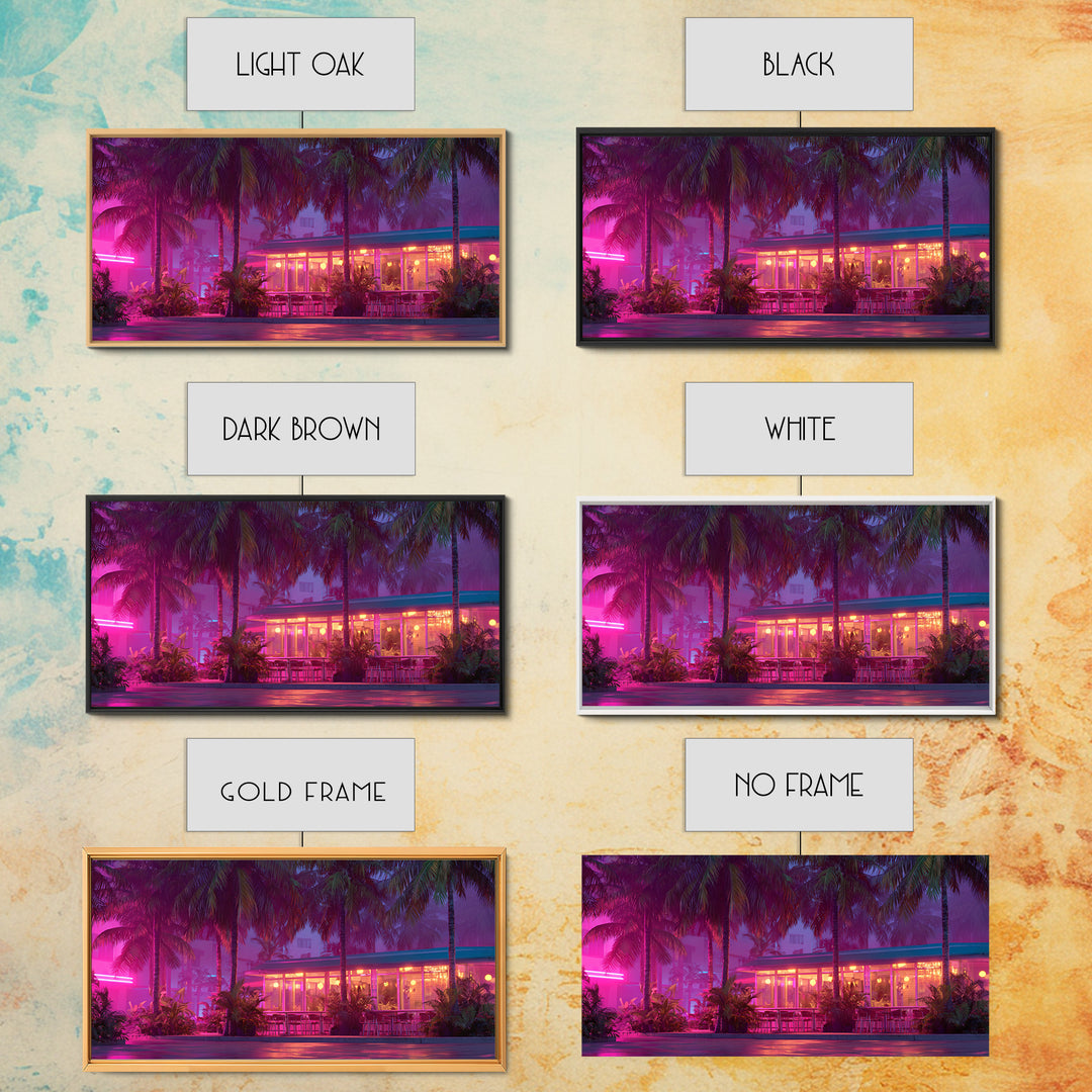 Vibrant Neon Lit Tropical Cafe At Night Palm Trees Retro Miami Style Wall Art Prints For Home Decor