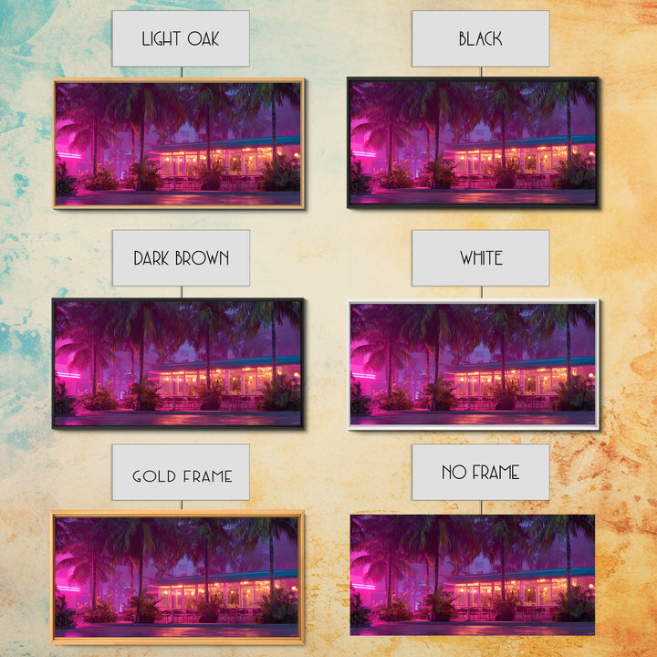 Vibrant Neon Lit Tropical Cafe At Night Palm Trees Retro Miami Style Wall Art Prints For Home Decor