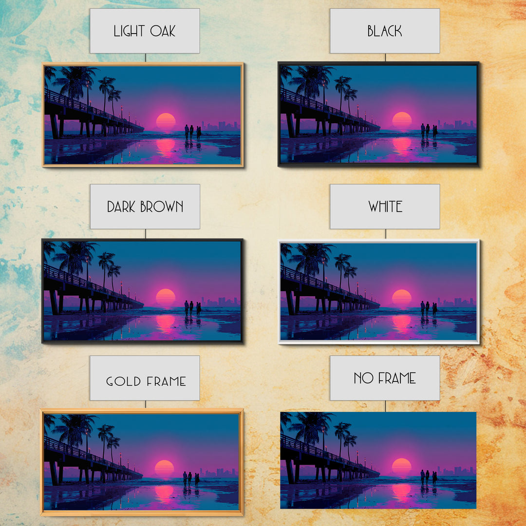 Vibrant Neon Sunset Beach Scene With Silhouettes Of People Framed Canvas Print Coastal Wall Art For Modern Living Room And Bedroom Decor