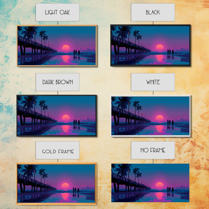 Vibrant Neon Sunset Beach Scene With Silhouettes Of People Framed Canvas Print Coastal Wall Art For Modern Living Room And Bedroom Decor