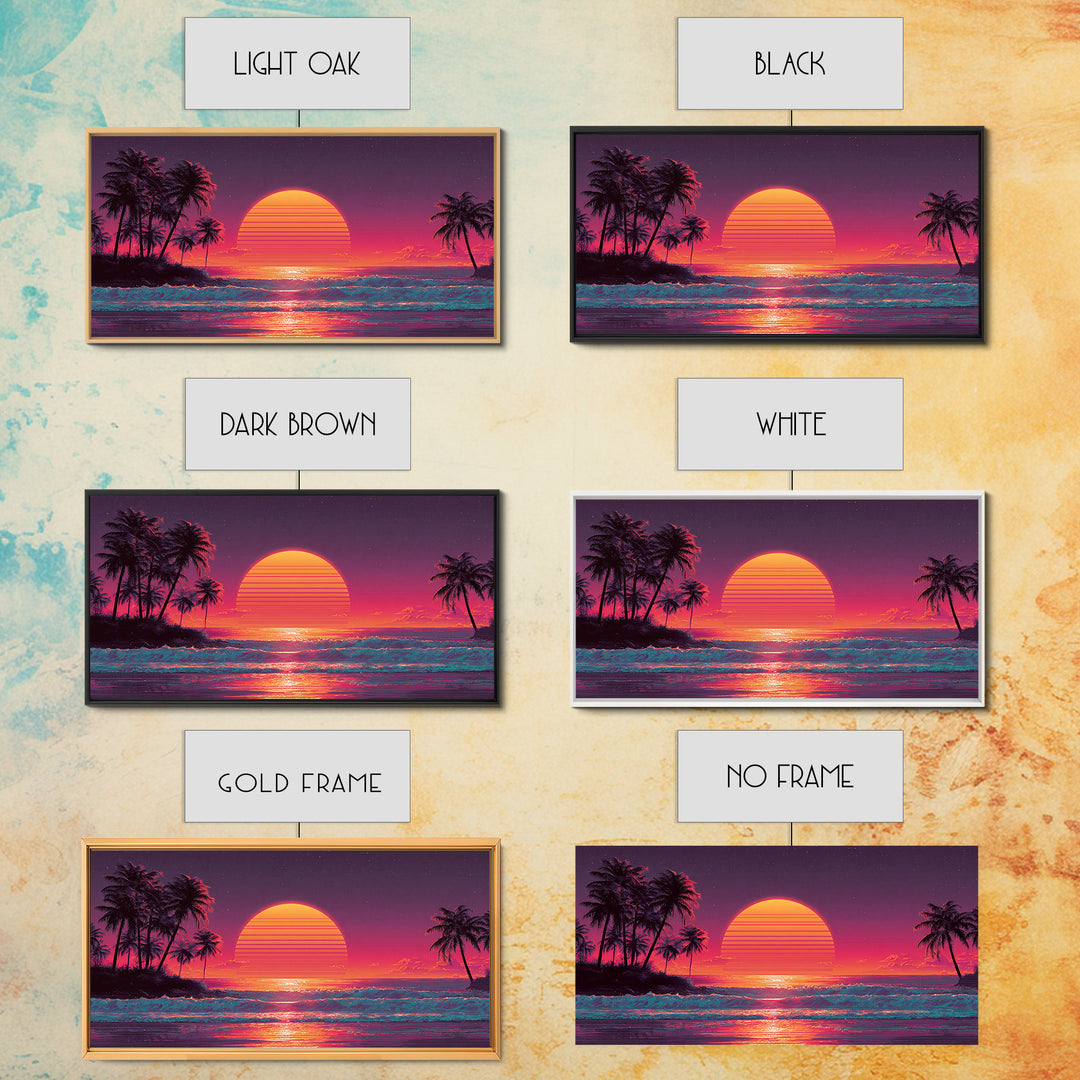 Vibrant Retro Sunset Tropical Beach Scene Digital Art Print Wall Art Framed Canvas Print Coastal Home Decor