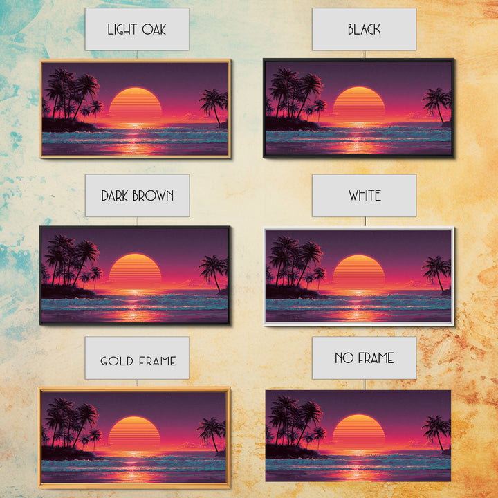 Vibrant Retro Sunset Tropical Beach Scene Digital Art Print Wall Art Framed Canvas Print Coastal Home Decor