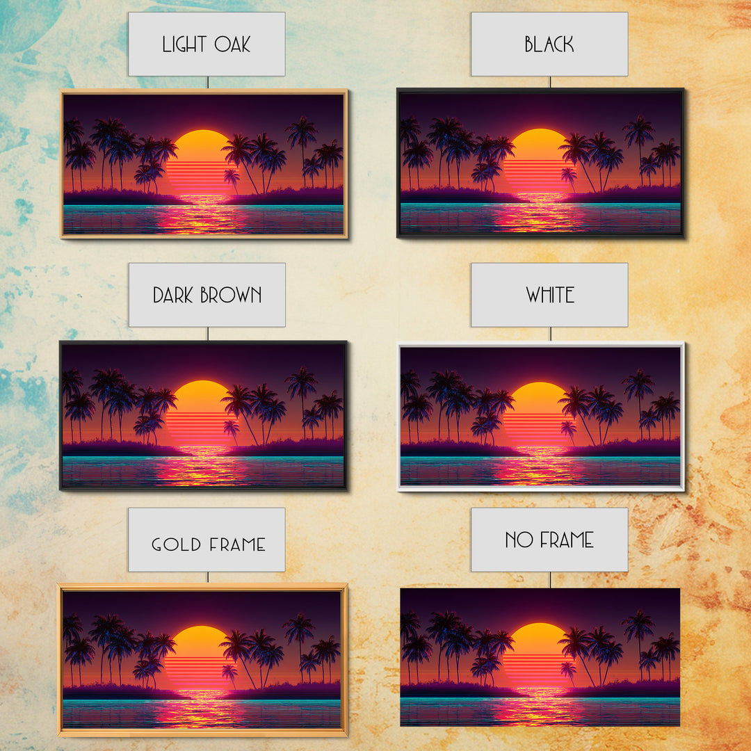 Retro Sunset Beach Palm Trees Digital Art Print Vibrant Coastal Wall Art Canvas Print Modern Boho Decor