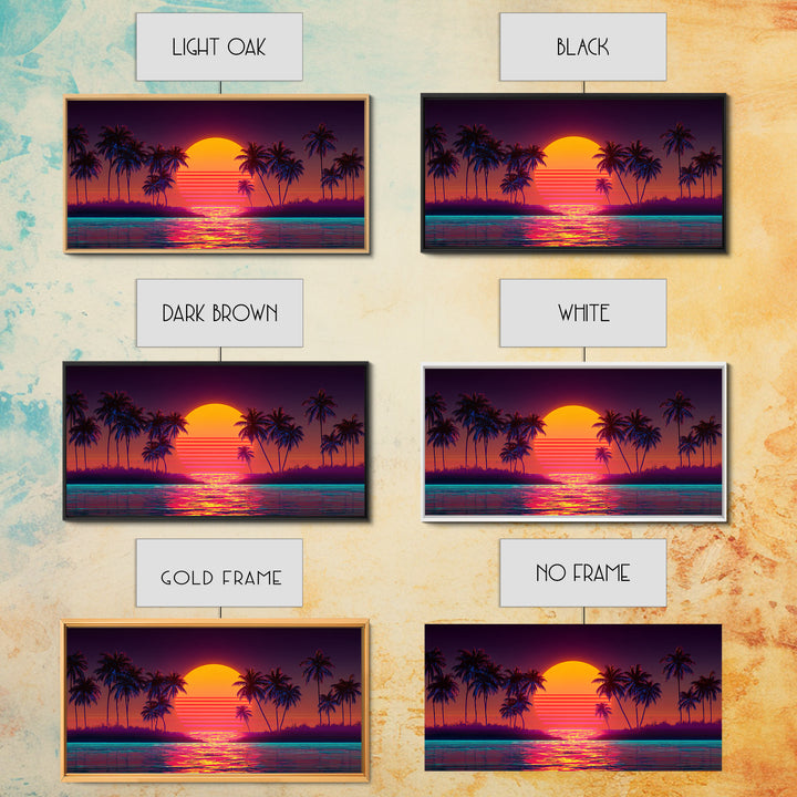 Retro Sunset Beach Palm Trees Digital Art Print Vibrant Coastal Wall Art Canvas Print Modern Boho Decor
