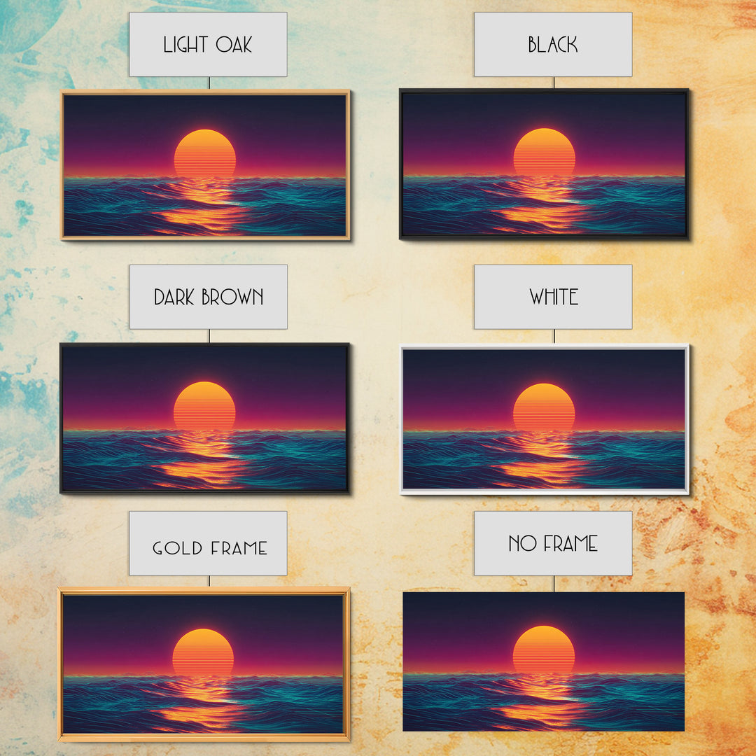 Retro Futuristic Neon Sunset Over Ocean Vibrant Wave Wall Art Canvas Print For Modern Living Room Decor