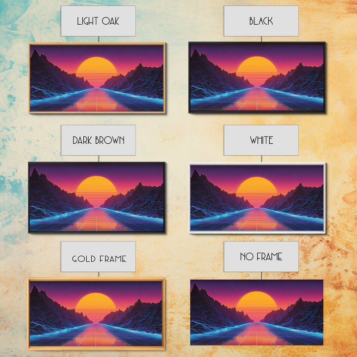 Retro Futuristic Neon Sunset Landscape With Grid Road Abstract Digital Canvas Print Modern Wall Art For Bedroom And Office Decor