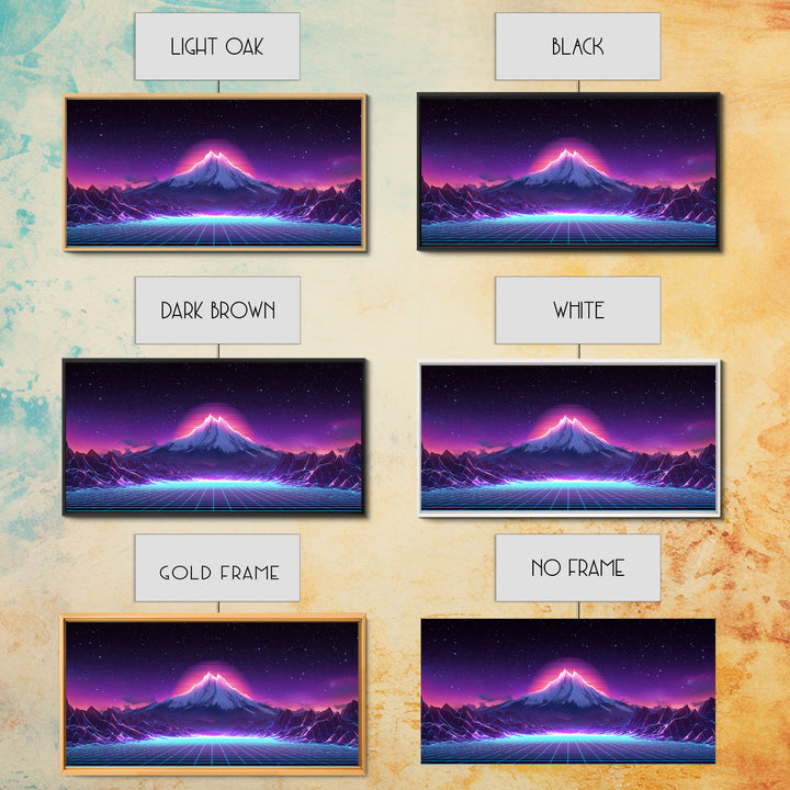Retro Futuristic Digital Landscape Of Neon Grid And Majestic Mountain Scene Wall Art Modern Canvas Print For Unique Decor