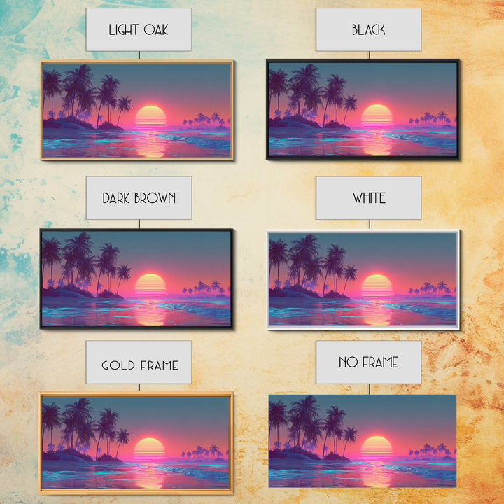 Pink And Blue Vibrant Tropical Beach Sunset With Palm Trees Coastal Wall Art Canvas Print Modern Boho Home Decor For Living Room Or Bedroom