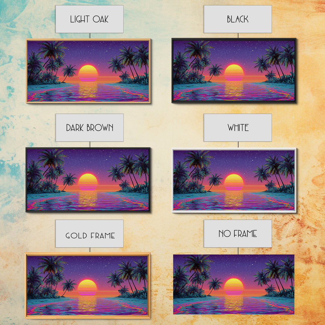 Vibrant Neon Tropical Sunset With Palm Trees And Starry Sky Beach Wall Art Modern Wall Decor Canvas Print