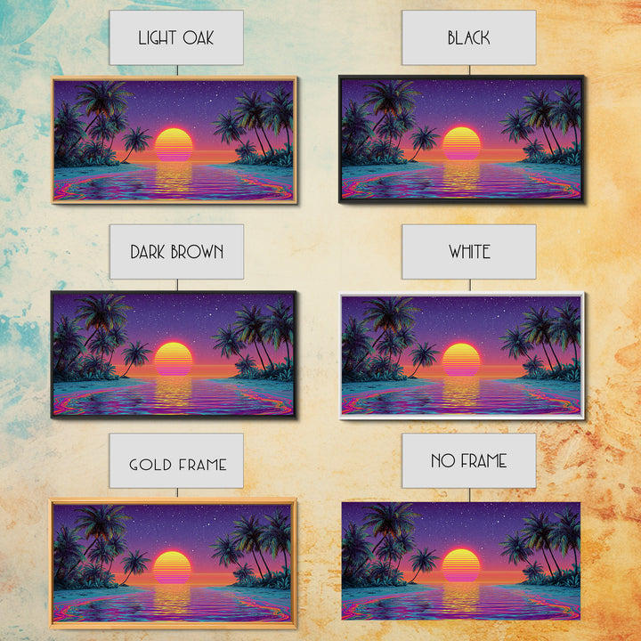 Vibrant Neon Tropical Sunset With Palm Trees And Starry Sky Beach Wall Art Modern Wall Decor Canvas Print