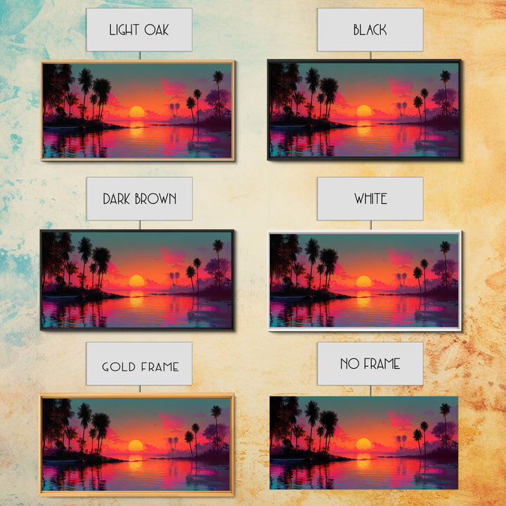 Vivid Pink Orange Tropical Sunset Over Calm Ocean With Palm Trees Coastal Wall Art Framed Canvas Print Bohemian Beach Home Decor Wall Decor