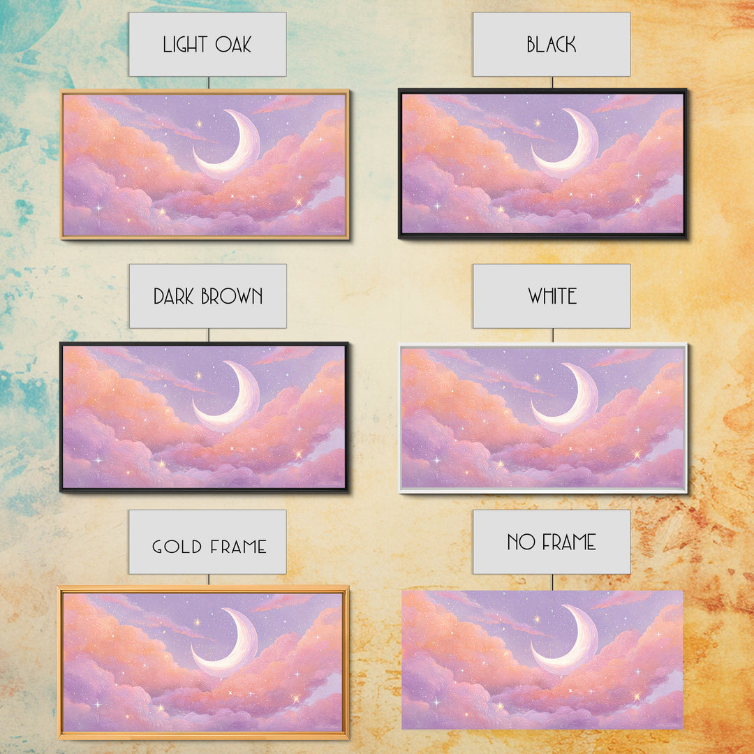 Pastel Crescent Moon In Pink Clouds Wall Art, Celestial Nursery Decor, Dreamy Bedroom Print, Whimsical Starry Sky, Aesthetic Room Decor