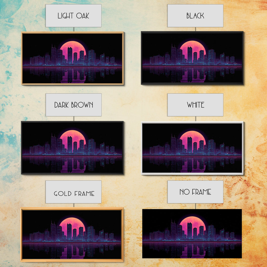 Futuristic Neon Cityscape Night Skyline With Pink Full Moon Canvas Print Urban Wall Art Print Decor