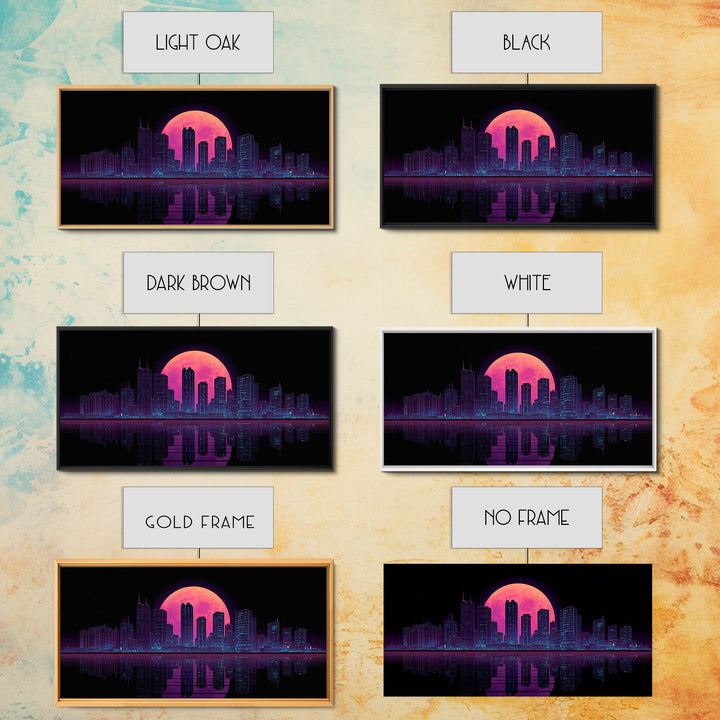 Futuristic Neon Cityscape Night Skyline With Pink Full Moon Canvas Print Urban Wall Art Print Decor