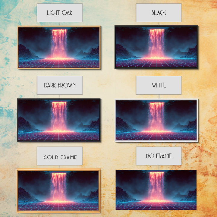 Glowing Neon Digital Waterfall With Futuristic Mountains Wall Art Framed Canvas Print Unique Modern Art Decor For Office Or Living Room
