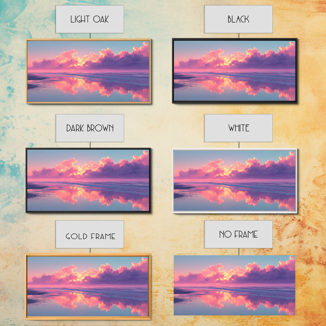 Surreal Pink Cloudy Beach Sunset Reflection Wall Art Framed Canvas Print For Living Room Home Decor Coastal Art