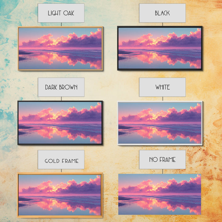 Surreal Pink Cloudy Beach Sunset Reflection Wall Art Framed Canvas Print For Living Room Home Decor Coastal Art
