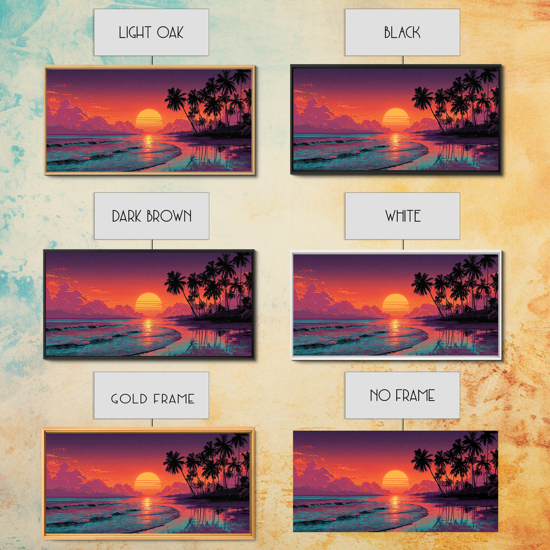 Sunset Tropical Beach Scene With Palm Trees And Calming Ocean Waves Aesthetic Wall Art For Coastal Home Decor