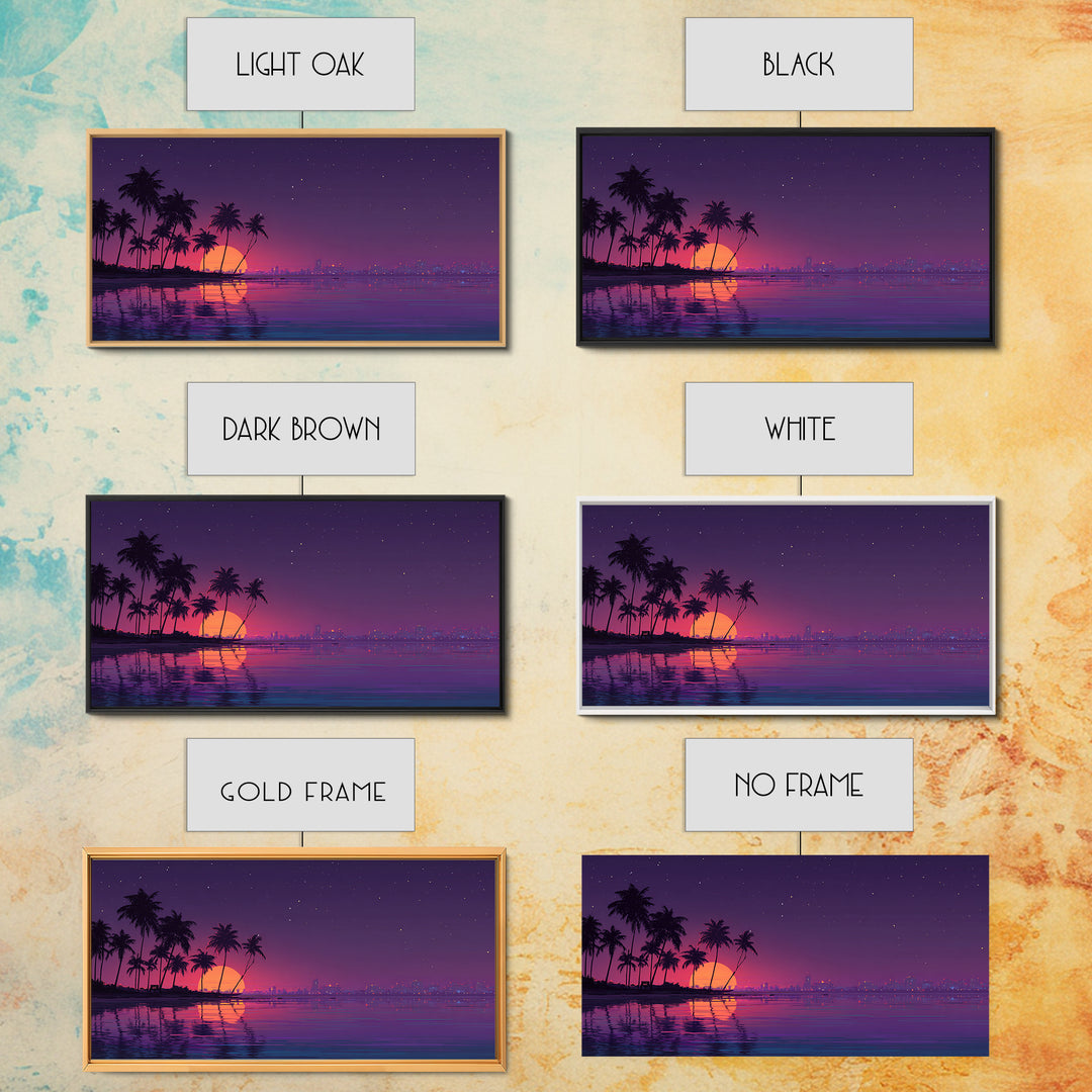 Digital Retro Sunset Beach Scene With Palm Trees Silhouettes Vibrant Coastal Wall Art Modern Wall Art Canvas Print