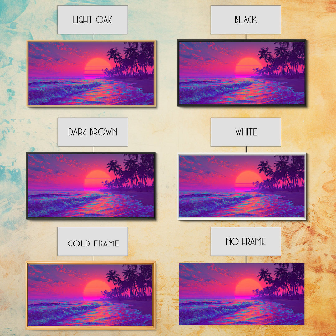 Vibrant Neon Sunset Beach Scene Wall Art With Palm Trees And Pink Purple Sky Canvas Print For Tropical Home Decor