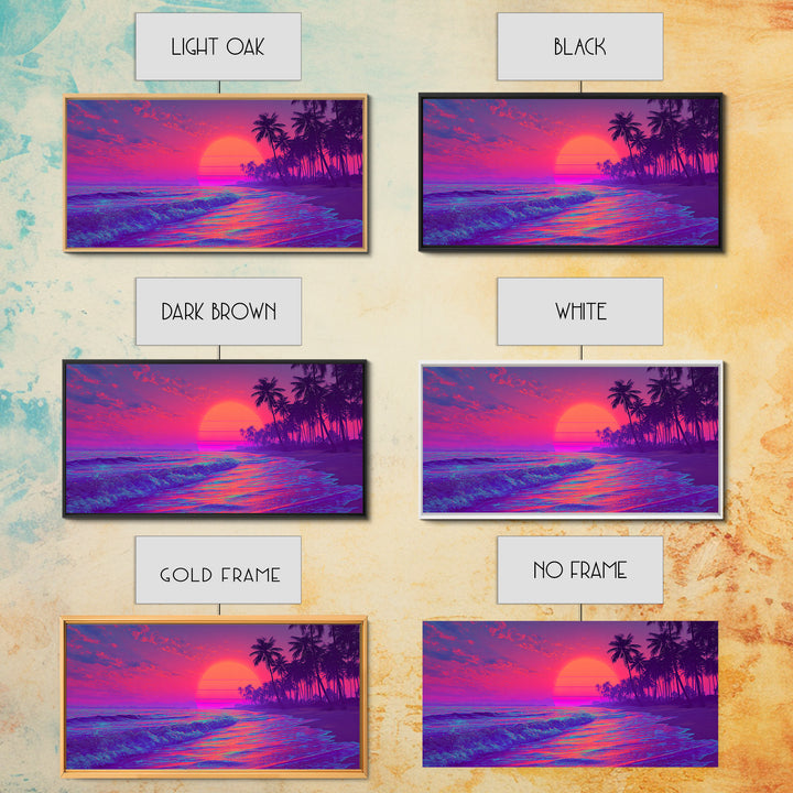 Vibrant Neon Sunset Beach Scene Wall Art With Palm Trees And Pink Purple Sky Canvas Print For Tropical Home Decor