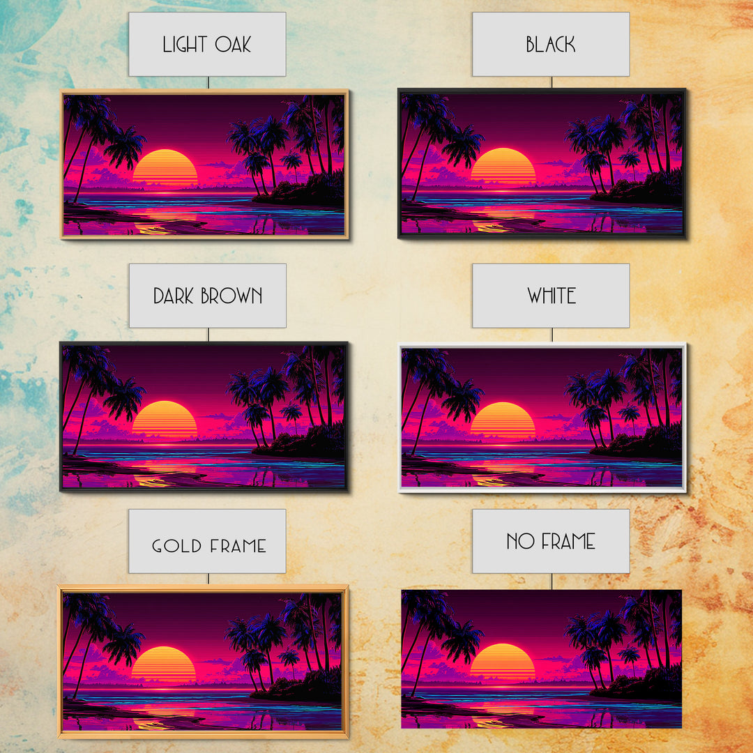 80s Retro Sunset Over Tropical Beach With Palm Trees Vibrant Neon Colors Canvas Print Framed Wall Art Large Wall Art For Living Room