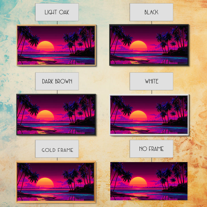80s Retro Sunset Over Tropical Beach With Palm Trees Vibrant Neon Colors Canvas Print Framed Wall Art Large Wall Art For Living Room