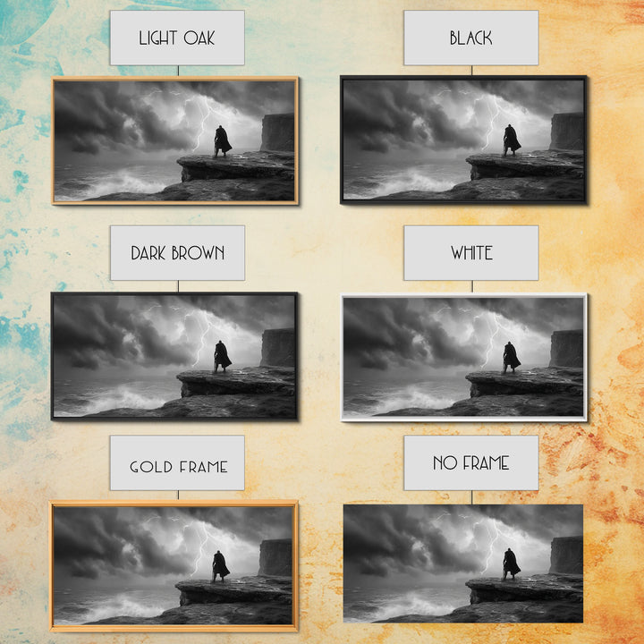 Dark Warrior On Stormy Sea Cliff Wall Art, Black And White Art, Gothic Wall Art, Moody Seascape, Masculine Office Decor