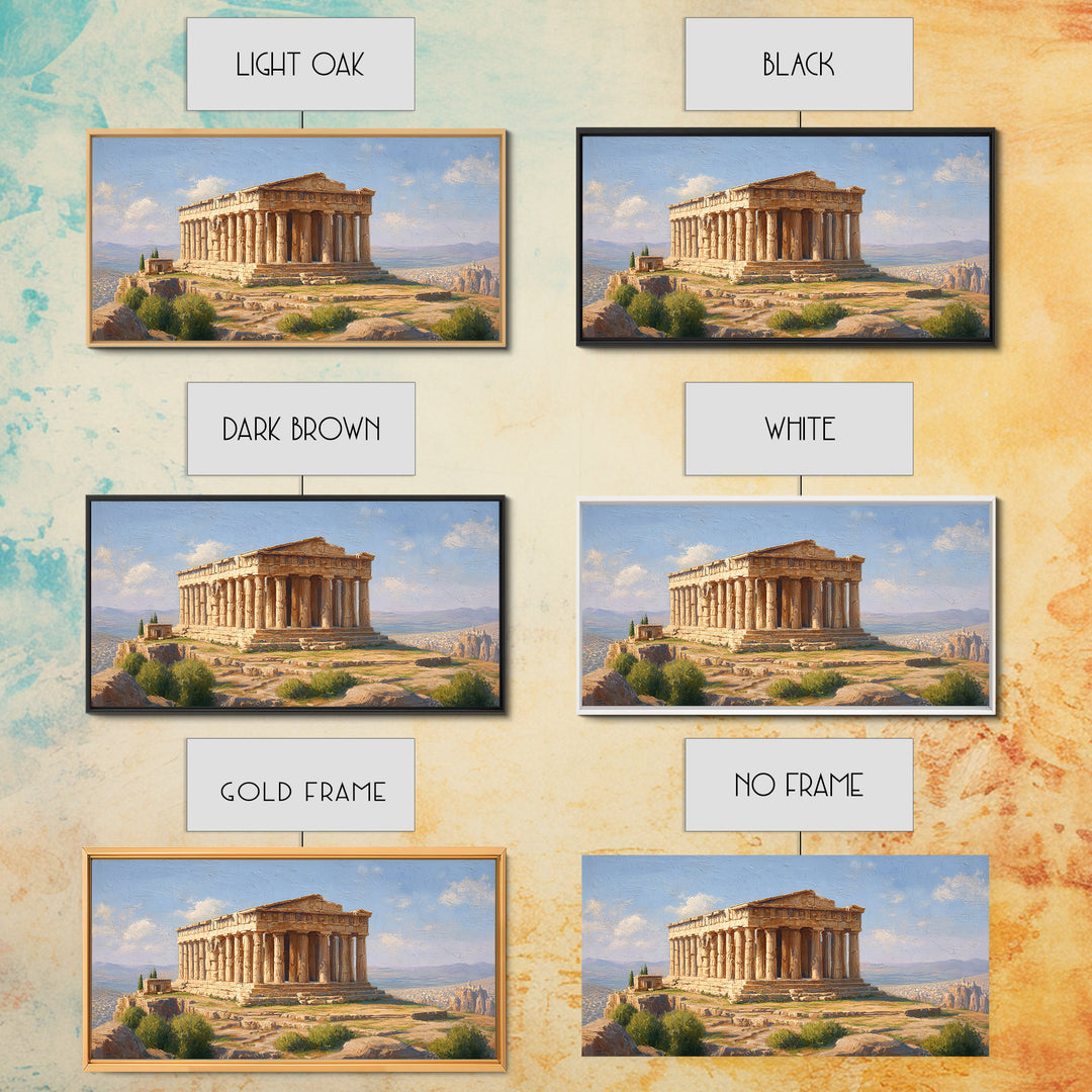 Sunlit Greek Temple Parthenon Wall Art, Ancient Architecture Painting, Mediterranean Landscape, Classic Home Decor Print