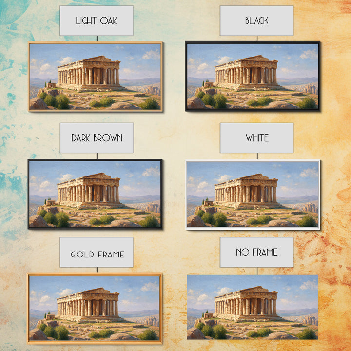 Sunlit Greek Temple Parthenon Wall Art, Ancient Architecture Painting, Mediterranean Landscape, Classic Home Decor Print