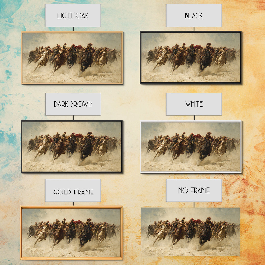 Charging Cavalry Across Dusty Plains Canvas Print, Equestrian Battle Wall Art, Western Horse Decor, Statement Living Room Art