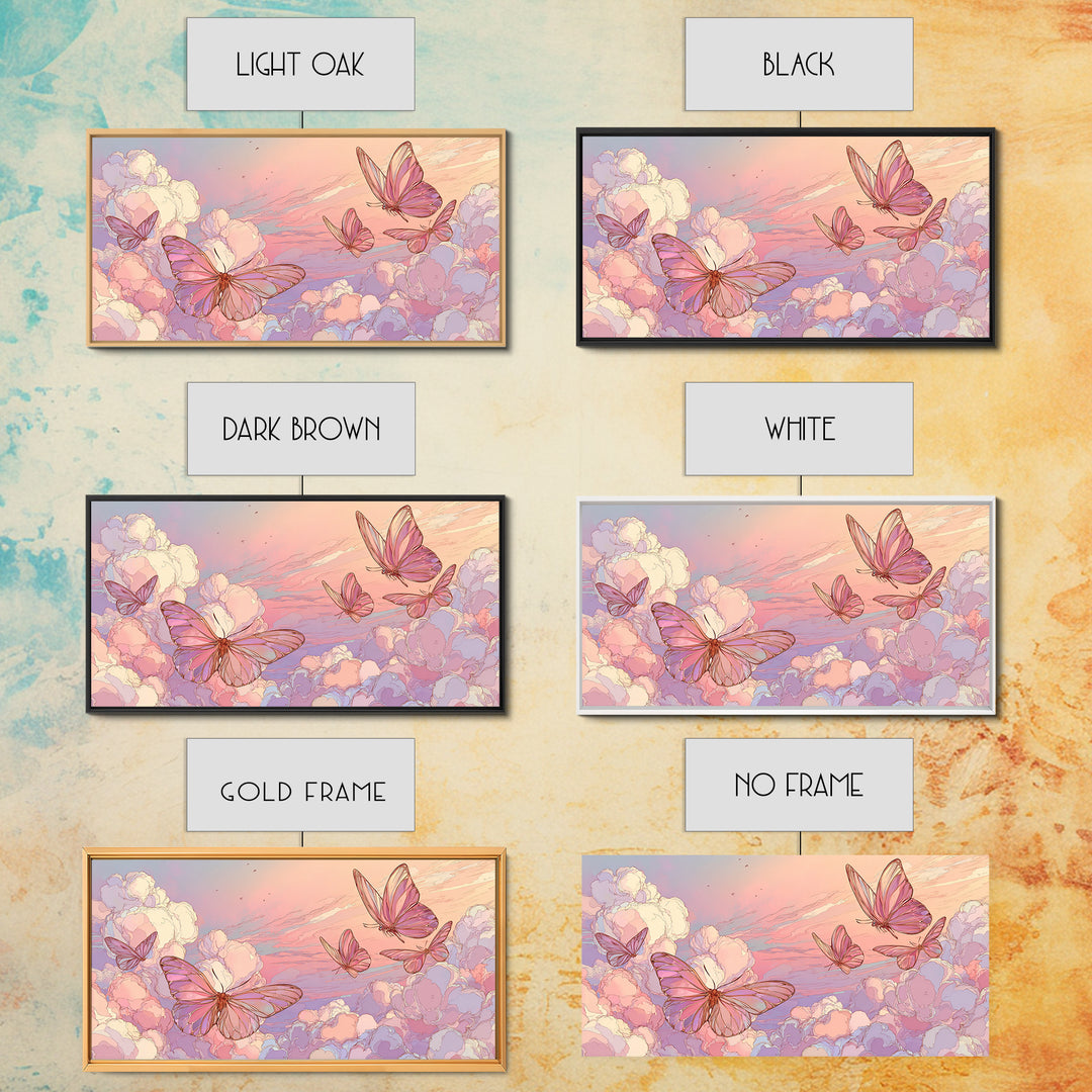 Pastel Butterfly Clouds Wall Art, Dreamy Pink Sky Illustration, Whimsical Nursery Decor, Celestial Bedroom Print For Girls Room