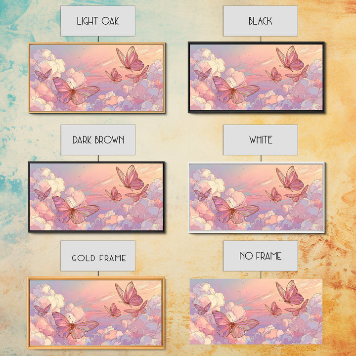 Pastel Butterfly Clouds Wall Art, Dreamy Pink Sky Illustration, Whimsical Nursery Decor, Celestial Bedroom Print For Girls Room