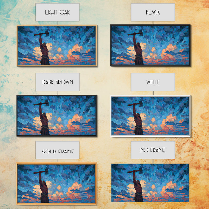 Dynamic Expressionist Oil Painting Of Man With Raised Axe Under Blue Sky Modern Wall Art Canvas Print