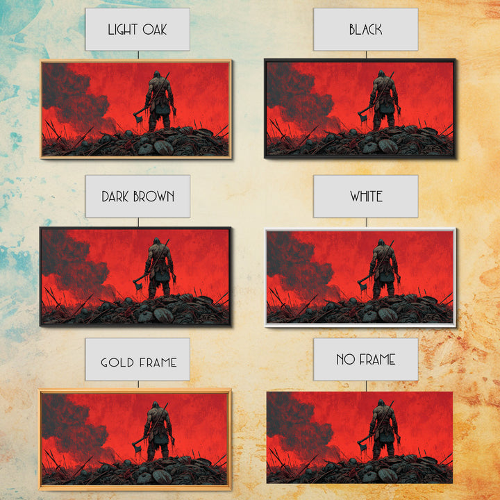 Lone Viking Warrior On Red Battlefield Wall Art, Dark Fantasy Canvas, Nordic War Decor, Masculine Office Art, Gift For Him
