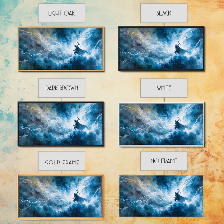 Thunder God In Lightning Storm Canvas Print Epic Fantasy Wall Art, Blue Mythology Home Decor, Viking Inspired Gift For Him