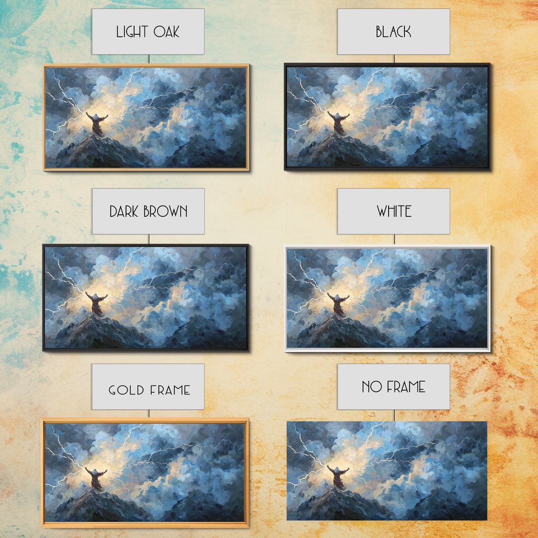 Storm Figure On Mountain Peak Canvas Print Lightning Sky Wall Art, Mythological Fantasy Landscape For Dramatic Home Decor